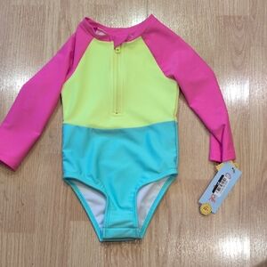 Kids Long-Sleeve Colorblock One-Piece Swimsuit - Pink/Yellow/Blue